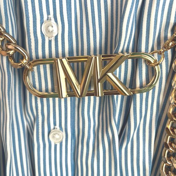 MICHAEL Michael Kors Blueberry Pinstripe Logo Gold Belted Minidress Size S NWT - Picture 8 of 12